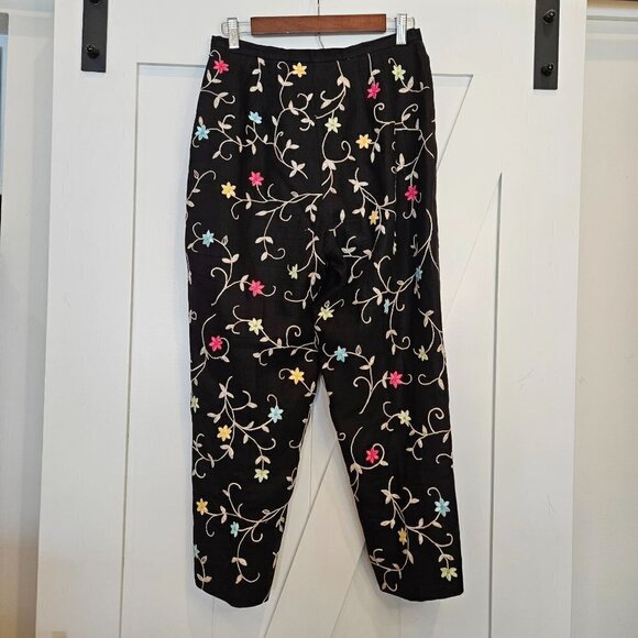 TALBOTS High Rise Irish Linen Floral Embroidered Black Ankle Pants 10P - Picture 2 of 10